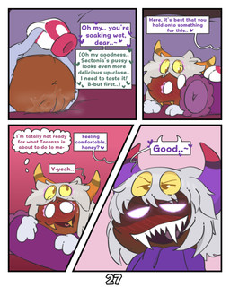 2_horns anus bed blush bodily_fluids dark_body dark_skin dialogue dirty_thoughts eyebrows fangs female floating_hands furniture genital_fluids genitals green_text grey_hair group hair heart_symbol horn male male/female orange_horn pillow pink_text possession purple_horn purple_text sharp_teeth speech_bubble teeth text thought_bubble thoughts trio unusual_anatomy unusual_eye_placement vaginal_fluids vulva white_eyes yellow_eyes kittipaws kirby:_triple_deluxe kirby_(series) nintendo dark_taranza queen_sectonia_(original_form) taranza arachnid arthropod spider absurd_res comic english_text hi_res