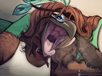 anthro beak black_collar blue_eyes bodily_fluids brown_body brown_feathers brown_hair clothing collar feathers female female_anthro fron front_view glistening glistening_eyes grey_beak hair inside long_hair looking_at_viewer mouth_shot open_mouth piercing pillow pink_tongue saliva saliva_string slim_anthro slim_female solo text tongue tongue_out tongue_piercing tongue_stud topwear white_clothing white_topwear acidic avian 4:3 signature url