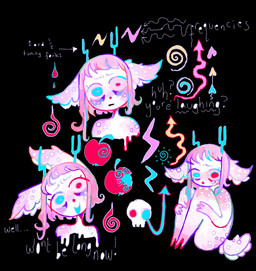 ambiguous_gender anthro eye_bags fake_antlers fake_horns fluffy fluffy_ears fluffy_tail heterochromia pink_body solo tail tuning_fork nikonikonek000 deer mammal hi_res