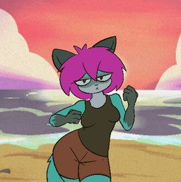 anthro beach black_clothing black_shirt black_tank_top black_topwear blue_body bottomwear brown_bottomwear brown_clothing brown_shorts clothed clothing cloud dancing female fur gloves_(marking) hair looking_at_viewer markings outside pink_hair purple_hair red_eyes sea shirt shorts solo sunset tail tank_top toony topwear unimpressed water masornydraws cian_(demon3sigma) mammal procyonid raccoon animated digital_media_(artwork) hi_res