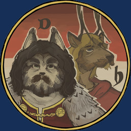 anthro antlers beard black_hair blonde_hair blue_eyes brown_body brown_fur clothed clothed_anthro clothed_male clothing duo facial_hair fur grey_body grey_fur hair horn male medieval_clothing pointy_ears prick_ears mia_cain dietmar_von_ostermunz hartgar deer felid feline lynx mammal alpha_channel bust_portrait portrait