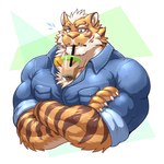 anthro between_pecs beverage biceps big_muscles blue_clothing blue_eyes blue_shirt blue_topwear blush bubble_tea claws clothed clothing collared_shirt container countershading crossed_arms cup deltoids finger_claws forearm_muscles fur green_eyes hair holding_beverage holding_object jewelry male multicolored_body multicolored_fur muscular muscular_anthro muscular_male necklace orange_body orange_fur pecs rolled_up_sleeves shirt shirt_pocket solo straw_in_mouth striped_body striped_fur stripes topwear triceps two_tone_body two_tone_fur white_body white_fur white_hair titandraugen hands-free_bubble_tea nekojishi studio_klondike lin_hu felid mammal pantherine tiger 1:1 2019 hi_res meme