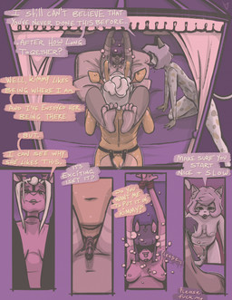 ambiguous_fluids anthro bdsm bed begging_for_sex blonde_hair bound breasts breath consent curtains dialogue facial_piercing feet female female/female furniture group hair hands_behind_head hands_tied heart_eyes heart_symbol imminent_sex legs_on_shoulders lube_on_sex_toy mole_under_eye nose_piercing nose_ring nude nude_female on_bed piercing pink_hair profanity purple_background purple_hair restrained_arms ring_piercing septum_piercing septum_ring short_hair simple_background smile speech_bubble strapon tail text toes trio wearing_strapon white_hair bbravaa kimmy_(bbravaa) phoebe_(bbravaa) polly_(bbravaa) deer felid mammal colored comic english_text hi_res restricted_palette