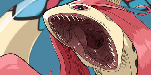 ambiguous_gender blue_background feral glistening glistening_eyes looking_at_viewer mouth_shot open_mouth purple_eyes sharp_teeth simple_background solo teeth yellow_body swampjaws nintendo pokemon aquatic generation_3_pokemon milotic pokemon_(species) 2:1