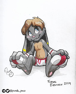 anthro blue_eyes blush brown_body brown_fur brown_hair closed_smile clothed clothing front_view fur glistening glistening_eyes grey_body grey_fur hair logo male mouth_closed short_hair simple_background sitting smile solo topless white_background young young_anthro young_male pandapaco lagomorph leporid mammal rabbit 2019 artist_logo dated signature