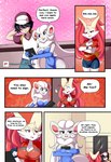 absurd_res anthro anthrofied braixen bray_(lucyfercomic) breasts canid cinccina_(lucyfercomic) cinccino clothing comic crossed_arms cute_fangs dress elevator female generation_5_pokemon generation_6_pokemon gloves group hair hair_over_eyes handwear hat headgear headwear hi_res human inner_ear_fluff lucyfercomic male mammal may_(pokemon) nintendo pokemon pokemon_(species) pokemon_trainer pokemorph speech_bubble text tuft