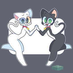 anthro bell bell_collar black_body black_eyebrows black_fur closed_smile collar dipstick_tail duo eyebrows eyelashes feet female femboy fur gloves_(marking) green_eyes green_text grey_background hand_holding heterochromia leaning leaning_forward logo looking_at_viewer male markings mouth_closed multicolored_body multicolored_fur navel on_one_leg open_mouth open_smile pink_collar pink_inner_ear pink_nose raised_eyebrows red_collar side_view simple_background smile standing tail tail_markings text white_body white_feet white_fur white_hands aiyhav_nouneim meloncholy_(aiyhav_nouneim) neko_obama_(aiyhav_nouneim) domestic_cat felid feline felis mammal 1:1 2023 artist_logo artist_name hi_res