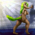 1:1 absurd_res anthro big_breasts big_butt breasts brown_body brown_fur butt female fur green_eyes green_hair green_nose green_tail hair hi_res shockwave_flavour smile solo tail