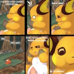 1:1 2010 apple blush chikorita colored comic conditional_dnp day detailed_background dialogue digital_media_(artwork) english_text erection food fruit generation_1_pokemon generation_2_pokemon genitals insomniacovrlrd interspecies male mammal nintendo open_mouth outside penis plant pokemon pokemon_(species) raichu rodent shocked solo text