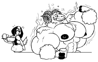 abs alcohol anthro bdsm beard beer beverage biceps big_muscles bodily_fluids body_hair chest_hair clenched_teeth clothed clothing container cup drunk duo facial_hair female flexing food growth hair holding_container holding_cup holding_object hooves horn huge_muscles hyper hyper_muscles male manly muscle_growth muscular muscular_male nipples pecs plate pose saliva shirt simple_background sitting smile standing substance_intoxication teeth topless topwear transformation rubberskunktoo bovid canid canine canis caprine domestic_dog goat mammal black_and_white monochrome