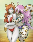 anthro beach bikini black_body black_fur blue_eyes breasts brown_hair clothed clothing day detailed_background duo eyes_closed female fur hair long_hair markings open_mouth outside pink_hair romantic romantic_ambiance romantic_couple sarong seaside skimpy spots swimwear tail tight_clothing two-piece_swimsuit white_body white_fur yellow_markings jingx1 kiit mira-san_(character) canid canine domestic_cat felid feline felis fox mammal 2010