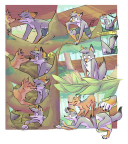 ambiguous_gender anthro anthro_to_feral blue_bottomwear blue_clothing blue_shorts boop bottomwear clothing convenient_censorship crouching duo feral forest log male nose_boop nose_to_nose nude nude_anthro onomatopoeia plant shorts sound_effects speech_bubble text torn_bottomwear torn_clothing torn_shorts transformation tree wood fauvfox falloutcoyote canid canine canis coyote mammal 2018 comic hi_res female_(lore)