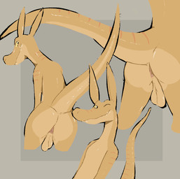 anthro anus backsack balls bent_over butt genitals looking_back male markings one_eye_closed raised_tail solo striped_markings striped_tail stripes tail tail_markings tan_body teeth_showing wink guitarzard kobold scalie