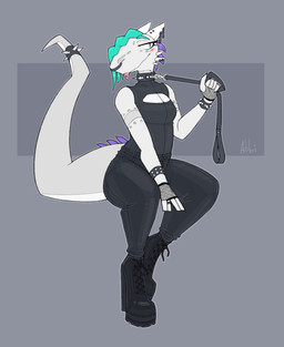 anthro black_bottomwear black_clothing black_pants blush boots bottomwear breasts clothing collar facial_piercing female fingerless_gloves footwear gloves green_hair grey_background hair handwear high_heeled_boots high_heels holding_leash holding_object leash nose_piercing pants piercing shirt shoes simple_background smile solo spiked_collar spikes tail tongue tongue_out topwear abbihors lizard reptile scalie 2021 digital_media_(artwork)