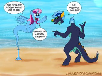anthro beach black_sclera blue_body blue_fire blue_hair bottle colored_fire container countershading detachable detachable_head dialogue duo facial_piercing female feral fire flaming_neck floating floating_head genie_bottle gesture ghost_tail gold_(metal) gold_jewelry grey_body grey_countershading hair hand_gesture headless hooves horn horn_jewelry horn_ring jewelry male modular multicolored_hair nose_piercing nose_ring open_mouth open_smile outside piercing pink_hair pointing purple_body purple_eyes ring_(jewelry) ring_piercing sand smile speech_bubble spiked_tail spikes spikes_(anatomy) tail text two_tone_hair unguligrade water wings yellow_eyes yellow_inner_ear squeakycanine european_mythology hasbro irish_mythology my_little_pony mythology hearth_taxel parcly_taxel chimera dullahan equid equine genie mammal mythological_creature mythological_equine winged_unicorn 2025 4:3 artist_name english_text hi_res
