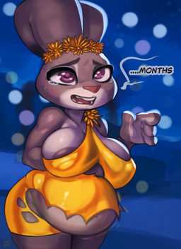 4_fingers abdominal_bulge ambiguous_gender anthro areola areola_slip belly belly_expansion big_belly big_breasts bodily_fluids breasts clothed clothed_anthro clothed_female clothing curvy_figure dialogue dress ear_tie ears_as_hair expansion eyebrows female female_anthro fingers flower fur grey_body grey_fur hair_bun_ears huge_breasts long_ears mistaken_pregnancy night nipple_outline open_mouth plant purple_eyes standing sweat tears teeth text thick_thighs tight_clothing tight_dress torn_clothing voluptuous voluptuous_anthro voluptuous_female wardrobe_malfunction wide_hips wince yellow_accessory yellow_clothing yellow_dress yellow_flower wabutt disney zootopia judy_hopps european_rabbit lagomorph leporid mammal oryctolagus rabbit english_text hi_res signature