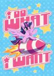 cutie_mark feathered_wings feathers female feral flying fur hair horn long_hair multicolored_hair open_mouth purple_body purple_eyes purple_feathers purple_hair rocket rocket_ship smile solo sparkles text two_tone_hair wings space-kid friendship_is_magic hasbro my_little_pony mythology twilight_sparkle_(mlp) equid equine mammal mythological_creature mythological_equine winged_unicorn english_text