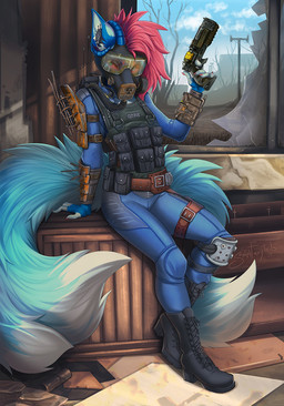 5_fingers anthro armor blue_body blue_fur clothed clothing curved_horn day detailed_background female fingers fur gun hair holding_gun holding_object holding_ranged_weapon holding_weapon horn inside mask pink_hair ranged_weapon sky solo tail vault_suit weapon sorafoxyteils fallout microsoft sora_(sorafoxyteils) canid canine demon fox mammal 2017 digital_media_(artwork) hi_res