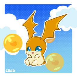 ambiguous_gender blue_background blue_eyes cloud flying head_wings open_mouth orange_body simple_background solo unusual_wing_placement wings ladycibia bandai_namco digimon digimon_(species) patamon 1:1 2015 animated signature unavailable_at_source