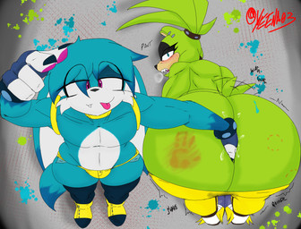anal anal_fisting anal_penetration bent_over big_butt bite_mark_on_butt blue_body bottomwear bottomwear_down butt clothed clothing duo female fisting green_body huge_butt looking_at_viewer male pants pants_down partially_clothed penetration spank_marks standing yellow_bottomwear yellow_clothing yellow_pants yeena03 idw_publishing sega sonic_the_hedgehog_(comics) sonic_the_hedgehog_(idw) sonic_the_hedgehog_(series) kitsunami_the_fennec surge_the_tenrec afrosoricid canid canine fennec_fox fox mammal true_fox absurd_res hi_res