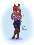 bottomwear breasts cleavage clothed clothing female footwear half-closed_eyes high_heels legwear narrowed_eyes pencil_skirt secretary shirt shoes skirt solo stockings thick_thighs topwear unbuttoned_shirt wide_hips minxydoodle fan_character felid feline lynx mammal 3:4 hi_res