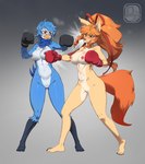 5_toes anthro areola athletic athletic_anthro athletic_female beak big_breasts blue_body blue_eyes boxing boxing_gloves breast_punch breasts claws clothing duo feathers feet female fur genitals handwear nipples nude punching_face pussy sport toe_claws toes difman undertale undertale_(series) undertale_yellow ceroba_ketsukane martlet_(undertale_yellow) avian bird canid canine fox mammal hi_res