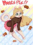 anthro bottomwear canid canine canis clothed clothing digital_media_(artwork) domestic_dog eyewear female food fur glasses hair hi_res hindpaw jumping looking_at_viewer mammal meat nen nendoggo open_mouth paws pomeranian pose simple_background skirt smile solo spitz text