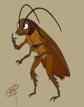 2021 2_fingers 2_toes 4_arms antennae_(anatomy) anthro arthropod arthropod_abdomen blattodea brown_background brown_body cockroach cybermananon feet fingers hi_res insect male multi_arm multi_limb nude plantigrade semi-anthro simple_background smile solo standing toes wings yellow_eyes