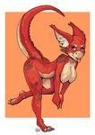 anthro bent_over blue_eyes breasts captaincob countershading female fluffy_ears hanging_breasts hi_res kobold nipples non-mammal_breasts red_(captaincob) red_body red_skin scalie simple_background solo tongue tongue_out