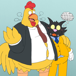 accessory black_body black_clothing black_fur black_jacket black_topwear blue_clothing blue_shirt blue_topwear blush bodily_fluids clothed clothing collared_shirt dress_shirt drooling duo fangs feathers fur gloves handwear jacket looking_at_belly male male/male necktie obese obese_male overweight overweight_male pink_nose saliva shirt simple_background speech_bubble suit teal_background teeth text thought_bubble tongue tongue_out topwear white_clothing white_eyes white_gloves white_handwear white_shirt white_topwear winged_hands yellow_body yellow_clothing yellow_eyes yellow_feathers yellow_suit pt80s0up family_guy the_simpsons ernie_the_giant_chicken scratchy_(the_simpsons) avian bird chicken domestic_cat felid feline felis galliform mammal phasianid english_text
