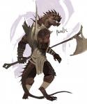 anthro biceps brown_body brown_scales brown_skin clothed clothing digitigrade ear_piercing holding_object holding_weapon looking_at_viewer male muscular muscular_anthro muscular_male piercing scales simple_background solo tail warrior weapon pacelic mythology dragon mythological_creature mythological_scalie reptile scalie