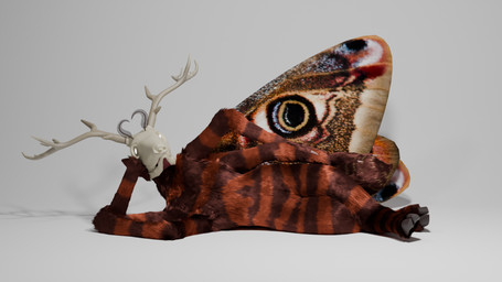 4_arms antennae_(anatomy) anthro antlers arthropod_abdomen bone cloven_hooves deer_skull fur glowing glowing_eyes grey_background hooves horn multi_arm multi_limb pose posing_for_picture simple_background skull skull_head solo striped_body striped_fur stripes suggestive_pose wings catha'vi catha'vi_(character) arthropod deer hybrid insect lepidopteran mammal moth 16:9 3d_(artwork) digital_media_(artwork) hi_res widescreen nonbinary_(lore)
