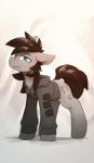 blue_eyes brown_hair clothed clothing cutie_mark equid fan_character feral hair hasbro hooves male mammal my_little_pony queenbloodysky simple_background smile solo standing white_background