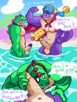 beach blue_cap bottomwear bulge cape circumcised clothing dialogue dominant duo erection flaccid genitals green_body gun holding_penis long_penis looking_at_another male male/male muscular pecs penis purple_body ranged_weapon red_bottomwear red_clothing sand sea shy sky standing submissive teasing touching_penis water weapon king_dogchaos927 brawl_stars supercell_(company) buzz_(brawl_stars) pierce_(brawl_stars) dinosaur prehistoric_species reptile scalie 3:4 hi_res signature