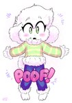 anthro blush clothing fluffy fur male onomatopoeia poof poof_effect simple_background solo sound_effects text white_body white_fur katelynntheg undertale undertale_(series) asriel_dreemurr boss_monster_(undertale) bovid caprine goat mammal 2016