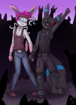 anthro anthrofied arm_markings biped black_body black_bottomwear black_clothing black_footwear black_fur black_hair black_pants black_shirt black_topwear blue_bottomwear blue_clothing blue_markings blue_pants bottomwear bracelet clothed clothing crowd duo duo_focus ear_markings fluffy fluffy_tail footwear fur gloves_(marking) grin group hair hand_holding headgear headkerchief headwear highlights_(coloring) jewelry kerchief looking_at_another male markings open_mouth pants pink_eyes pink_hair pink_markings pink_nose red_highlights ribbons_(anatomy) shirt short_hair skull_accessory smile spiked_bracelet spikes tail tail_markings tank_top teeth tongue topwear white_body white_fur fuf nintendo pokemon eeveelution generation_2_pokemon generation_6_pokemon pokemon_(species) sylveon umbreon 2019 hi_res