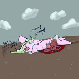 abuse ambiguous_feral ambiguous_gender baby_talk blood bodily_fluids bone cloud crying death dialogue dying feral gore green_eyes green_hair green_tail guts gutted hair helpless intestines lying nosebleed offscreen_character on_front organs outside pink_body plant quadruped side_view sky solo tail tears text young young_ambiguous young_feral julie_(artist) fluffy_pony fluffy_pony_(species) mammal 1:1 2023 digital_media_(artwork) english_description english_text hi_res