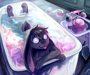 anthro bath bathing bathtub blep bubble electronics furniture landline_phone looking_at_viewer male male_anthro partially_submerged phone relaxing rotary_phone solo table tongue tongue_out white_eyes geckozen jay_(rabbit) lagomorph leporid mammal rabbit