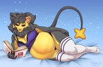 anthro belly big_belly book bra breasts clothed clothing female footwear fur hair lying on_side pregnant pregnant_anthro pregnant_female purple_clothing purple_shirt purple_tank_top purple_topwear raised_clothing raised_shirt raised_topwear reading reading_book shirt smile socks solo tail tank_top topwear underwear tiggybloom nintendo pokemon generation_4_pokemon luxray pokemon_(species) shiny_pokemon 2025 digital_media_(artwork) hi_res