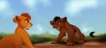 black_hair brown_body brown_eyes brown_fur cloud day detailed_background duo feral fur grass green_eyes hair male multicolored_body multicolored_fur orange_hair outside paws plant sky yellow_body yellow_fur young young_feral kitchiki disney the_lion_king kopa_(the_lion_king) kovu_(the_lion_king) felid lion mammal pantherine