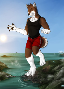 anthro black_clothing black_nose black_topwear blue_sky bottomwear brown_body brown_fur brown_pawpads city_destruction closed_smile clothed clothing day destruction eyes_closed fingerpads fur gloves_(marking) hair leg_markings macro male male_anthro markings mountain mouth_closed neck_tuft outside pawpads red_bottomwear red_clothing short_hair sky smile socks_(marking) solo standing topwear tuft white_body white_fur solaxe_(artist) canid canine mammal