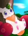 :3 anthro berry biped blush chest_tuft clover_(plant) female food fruit fur heart_symbol japanese plant purple_eyes shamrock short_fur sitting solo tree tuft white_body white_fur unknown_artist happy_happy_clover pixiv sayuri_tatsuyama clover_(happy_happy_clover) lagomorph leporid mammal rabbit