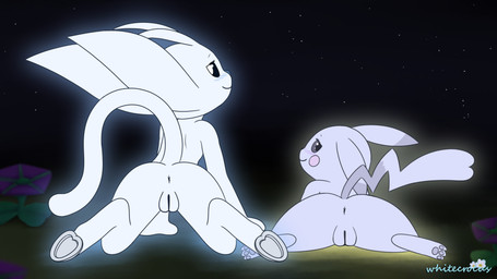 antennae_(anatomy) anthro anus black_eyes blue_nose blush blush_lines detailed_background duo eyelashes female feral flower genitals glowing hooves looking_at_viewer looking_back looking_back_at_viewer night outside pawpads plant presenting presenting_vulva pupils purple_flower raised_tail sky smile star starry_sky tail vulva white_body white_pupils whitecrocus microsoft nintendo ori_(series) pokemon pokemon_pokopia xbox_game_studios ori_(ori) peakychu generation_1_pokemon guardian_spirit pikachu pokemon_(species) 16:9 2025 4k absurd_res digital_media_(artwork) hi_res signature widescreen