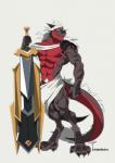 abs anthro biceps big_sword cloth convenient_censorship grey_body grey_scales hair holding_melee_weapon holding_object holding_sword holding_weapon horn long_hair male markings melee_weapon mostly_nude muscular muscular_anthro muscular_male pecs pubes red_body red_scales scales simple_background smile solo standing sword tail weapon white_background white_hair tsbellatre european_mythology mythology soren_ashe dragon mythological_creature mythological_scalie scalie western_dragon full-length_portrait hi_res portrait