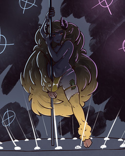 balls blonde_hair bulge clothed clothing dancing erection genitals gynomorph hair horn intersex money_in_underwear pole pole_dancing solo stripper_pole thong thong_only topless topless_gynomorph topless_intersex underwear underwear_only daclusia maebh_(diolio) bovid caprine humanoid mammal sheep 4:5 hi_res