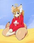 anthro beach bottomless clothed clothing curvy_figure female hair hoodie inner_ear_fluff lifeguard long_hair looking_at_viewer purple_eyes sand sky smile solo tail thick_thighs topwear tuft voluptuous wide_hips dan_scarf mago_(dan_scarf) canid canine fennec_fox fox mammal true_fox 4:5 absurd_res hi_res