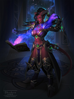 armor black_hair book breasts female hair hooves horn humanoid_pointy_ears inside looking_down magic pointy_ears red_body solo standing star tail unconvincing_armor shadoca blizzard_entertainment warcraft draenei 2024 hi_res