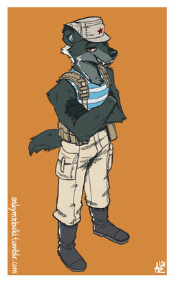 anthro belt belt_pouch boots bottomwear brown_eyes clothing crossed_arms ears_up footwear fur grey_body grey_fur harness looking_at_viewer male military military_uniform pants red_army russian shirt shoes smile smiling_at_viewer soldier solo soviet_union tail tank_top teeth teeth_showing topwear uniform warrior mawkvlt hi_res