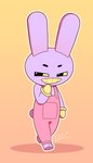 anthro clothed clothing fur gloves grin handwear looking_at_viewer male overalls purple_body simple_background smile solo i3i2455_ivi394 animal_crossing glitch_productions nintendo the_amazing_digital_circus jax_(tadc) lagomorph leporid mammal rabbit 2023 hi_res