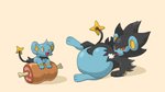 ambiguous_gender belly big_belly black_body black_fur blue_body blue_fur duo feral food fur lying meat on_side overweight overweight_feral quadruped simple_background size_difference stuffing pukupukudragon nintendo pokemon generation_4_pokemon luxray pokemon_(species) shinx 16:9 widescreen